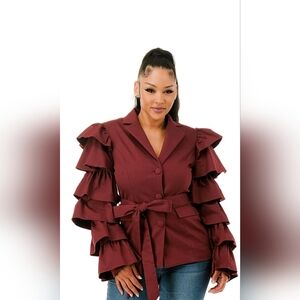 Ruffle Sleeve Burgundy Blazer